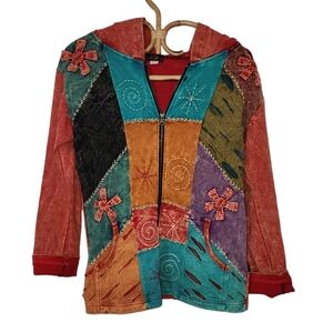 Rising international hippie multi material print light weight hooded jacket